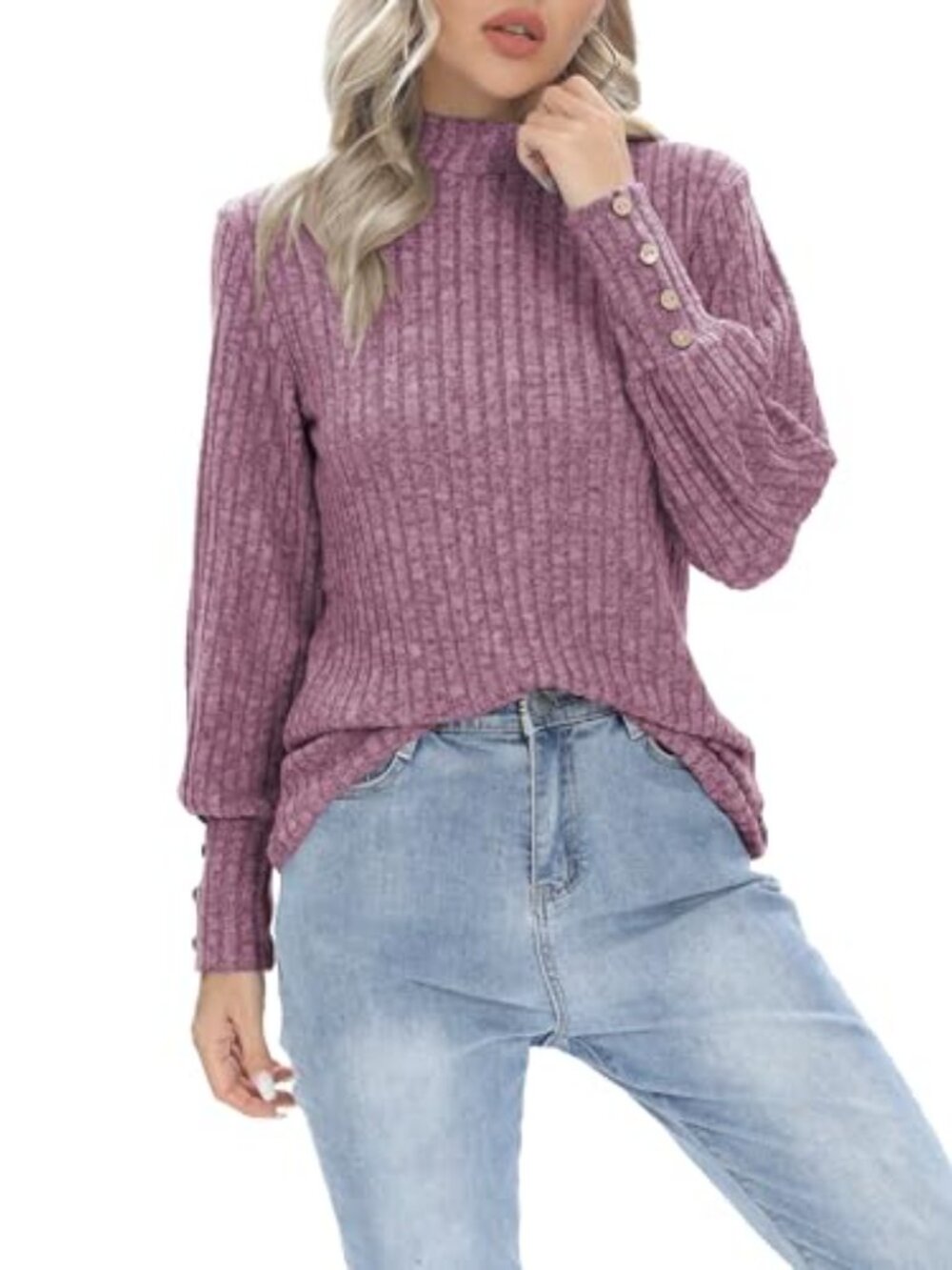 🆕 Women's Fall Fashion Mock Neck Puff Long Sleeve Pullover Knitted Casual - Picture 2 of 6